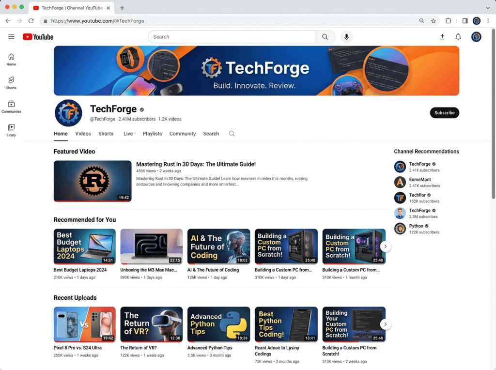 TechForge YouTube channel page showing banner, logo, subscriber count, featured video, recommended videos, and recent uploads